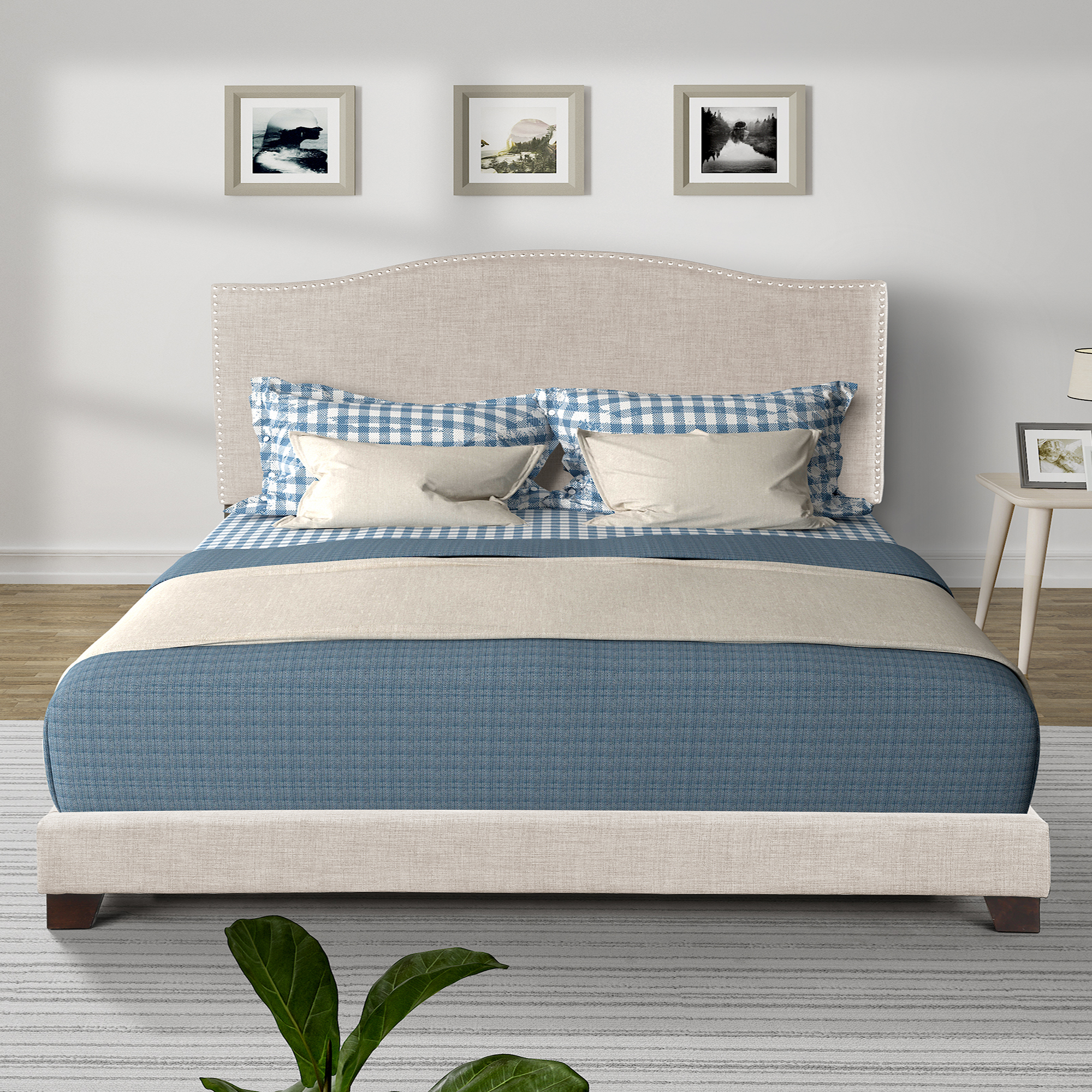 Harper & Bright Designs Wilshire Upholstered Linen Nail Head Trim Platform Bed with Slat Support, Multiple Sizes (King)