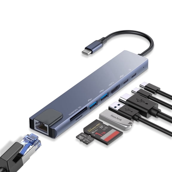 USB-C Hub Ethernet 8-in-1 Multiport Adapter with 4K HDMI, Fast Charging Port, USB 3.0, SD/TF Card Reader for Laptops and Tablets