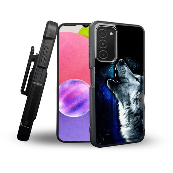 ANJ  Rugged Shockproof Holster Case Card Slot Kickstand   Tempered Glass Cover for Samsung Galaxy A03s - Howling Wolf
