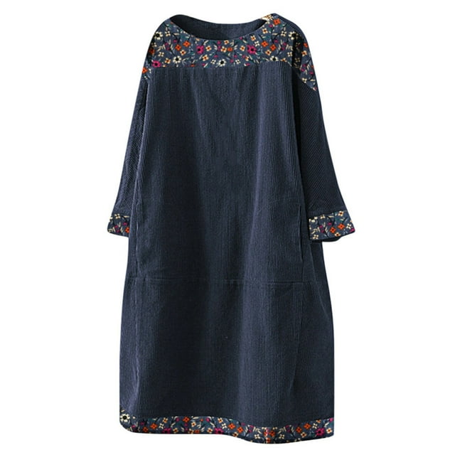 Gibobby Vestido Mujer Casual de Playa Verano Vestido largo de pana con estampado de mujer, suelto, étnico, Vintage, con bolsillos, manga, vestido de mujer de re(Marina,XL)