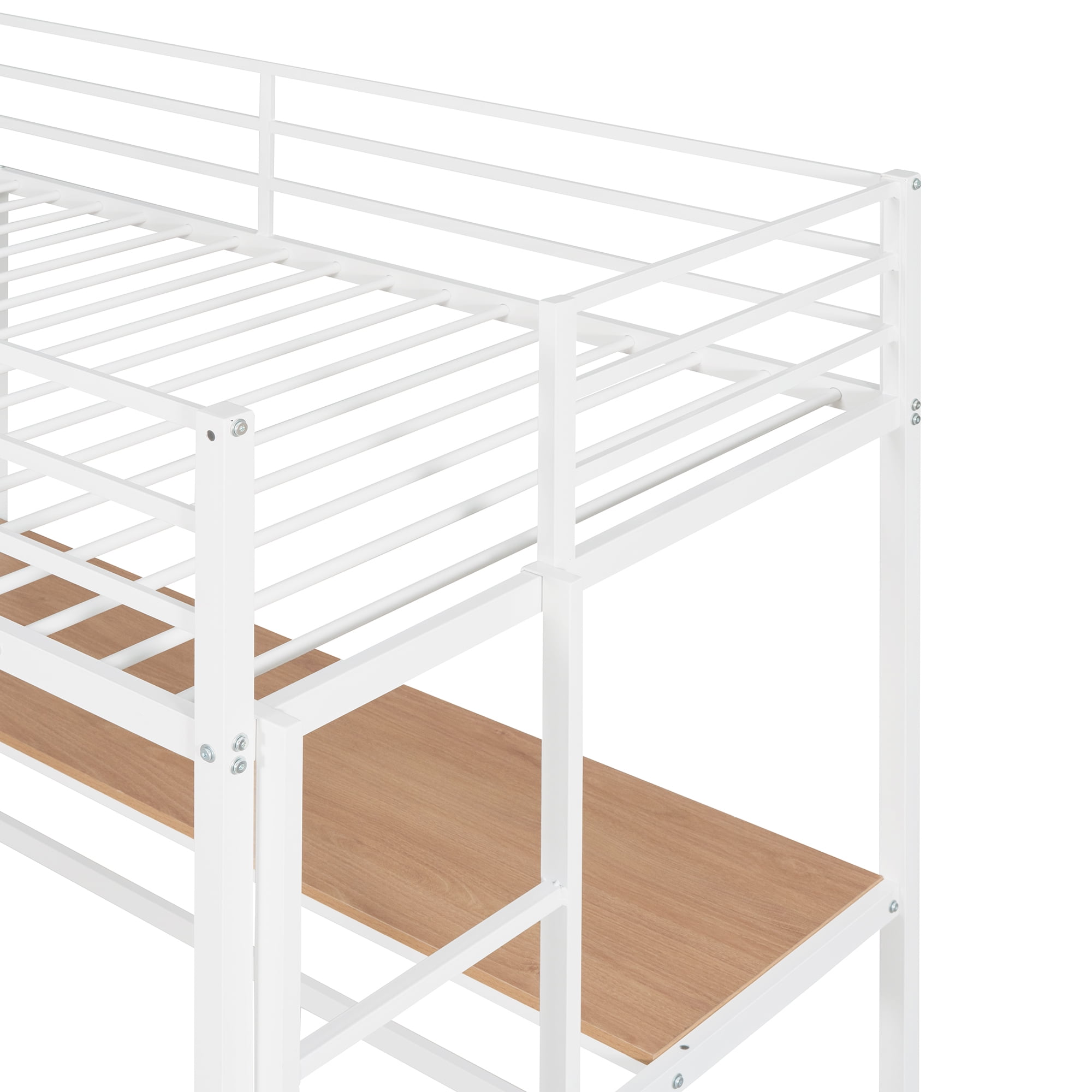 Gewnee Twin Heavy Duty Metal Loft Bed Frame with Desk and Shelves ,Ladder and Full-Length Guardrail,White