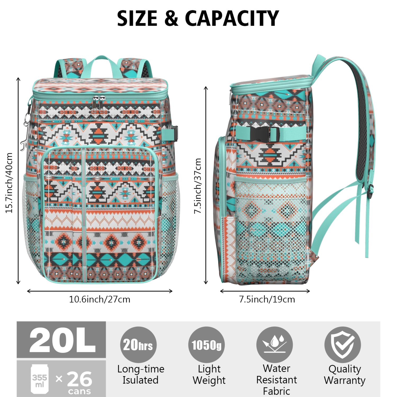 Travel Cooler Bag - Boho Bohemia Pioneer Flower Geometric Line Art Camping Beer Cooler Backpack with Bottle Opener- Waterproof Insulated Picnic Backpacks - Cooler Bag for Beach