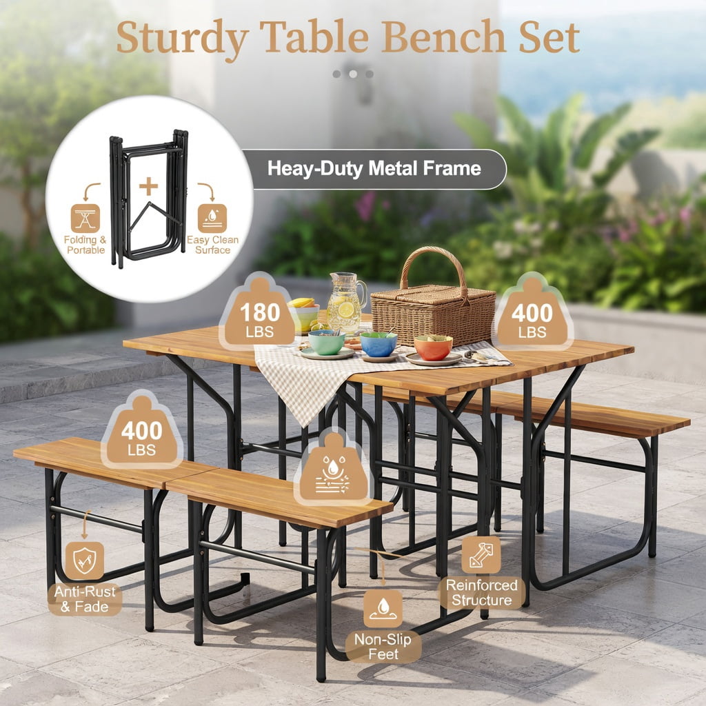 Hommoo Acacia Wood Outdoor Picnic Table and Bench Set, Single-Side Patio Table with Metal Frame, Black & Natural