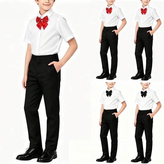 Daiosportswear Boys Short Sleeve White Dress Shirt Black Pants Kids formal Outfit Wedding Concert Graduation Red-B 14-15Years