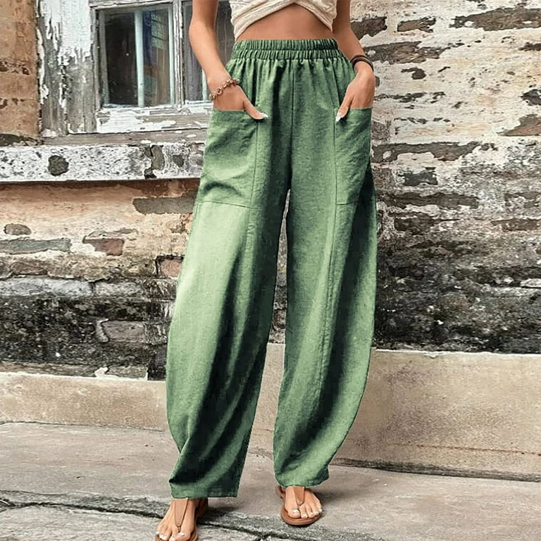 YUNAFFT Women High Waist Casual Wide Leg Long Pants Women's Casual Loose  Baggy Pocket Pants Fashion Playsuit Trousers Overalls Cotton And Linen Pants  