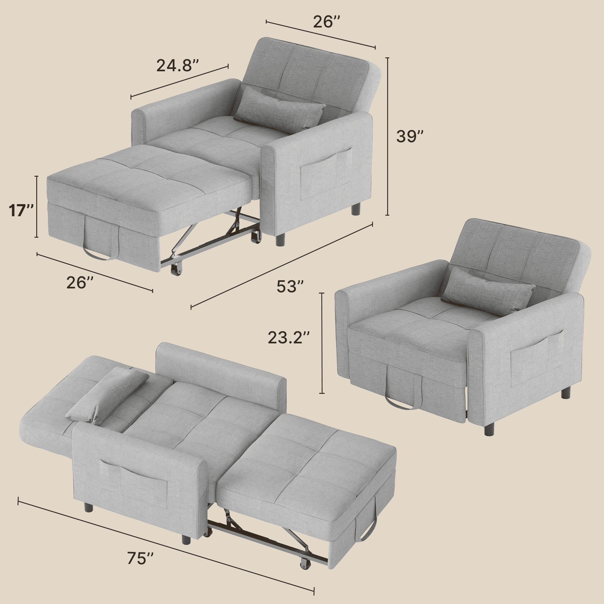 Sofa Bed Chair Convertible, Sleeper Sofa with Pull-Out Bed, 3-in-1 Futon Couch with Reclining Backrest and Side Pocket, Light Grey