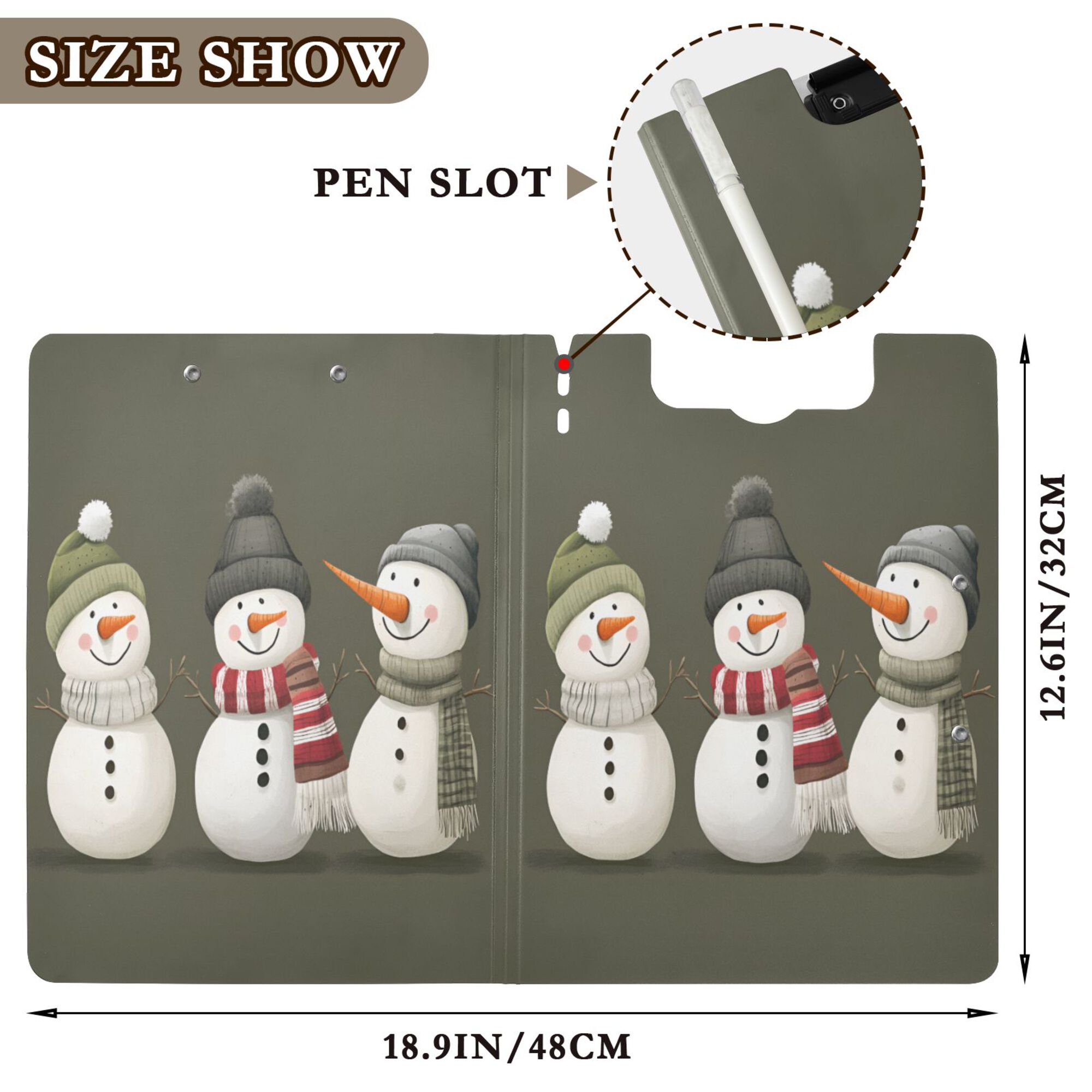 FORMRS A4 Clipboard Folder with Pen Holder Horizontal Foldable School Office Binder, Gray Cute Snowmen