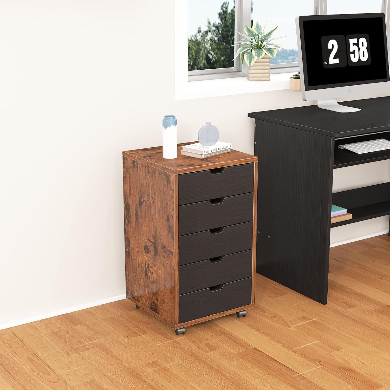 5-Drawer File Cabinet, Wooden Storage Cabinet with Wheels, Dresser Chest of Drawers, Filing Cabinets for Home Office, Rustic Brown