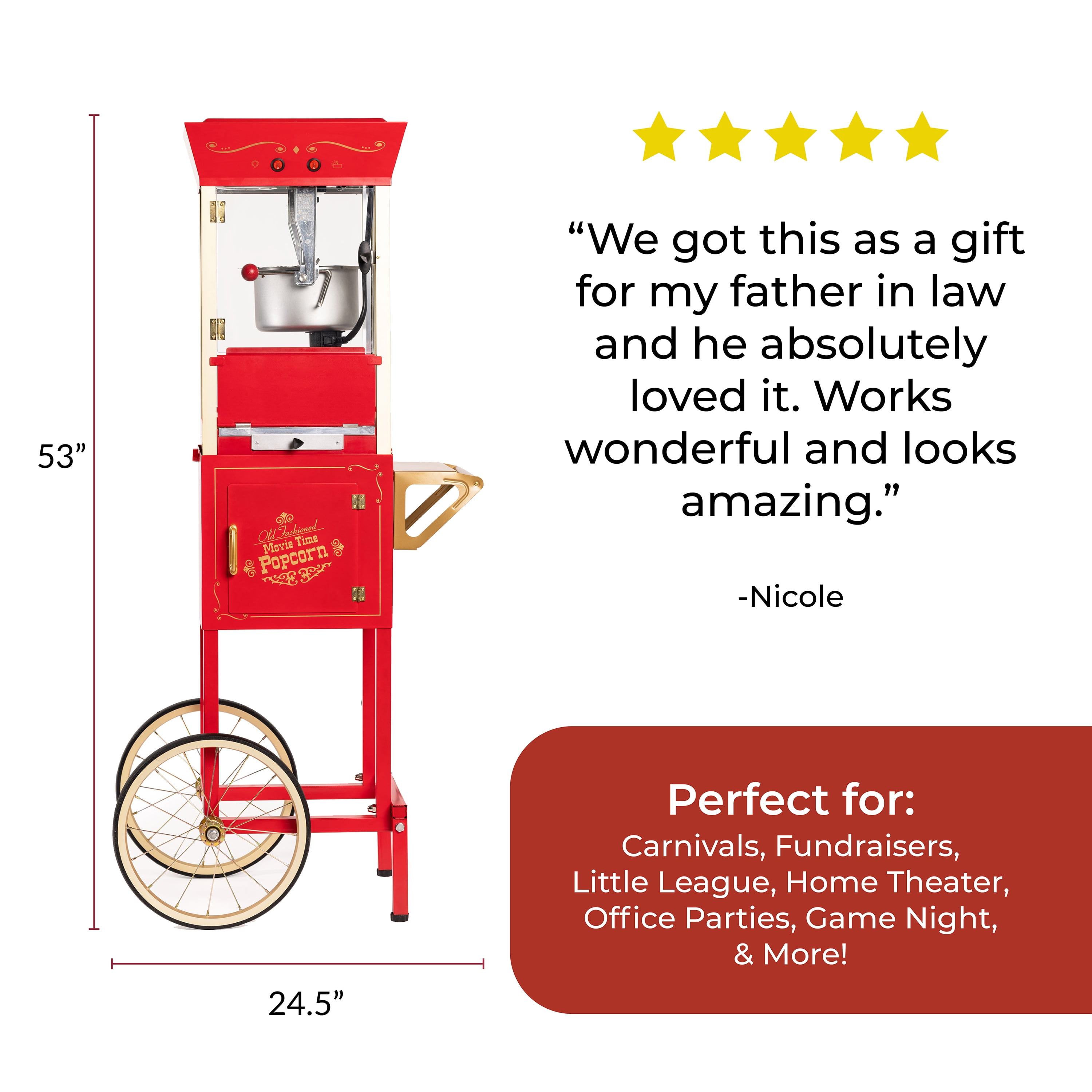 RIEDHOFF Commercial Popcorn Machine with Stand - Professional Cart Popcorn Maker Machine with 8 oz Kettle Makes Up to 60 Cups, with Lockers for Home