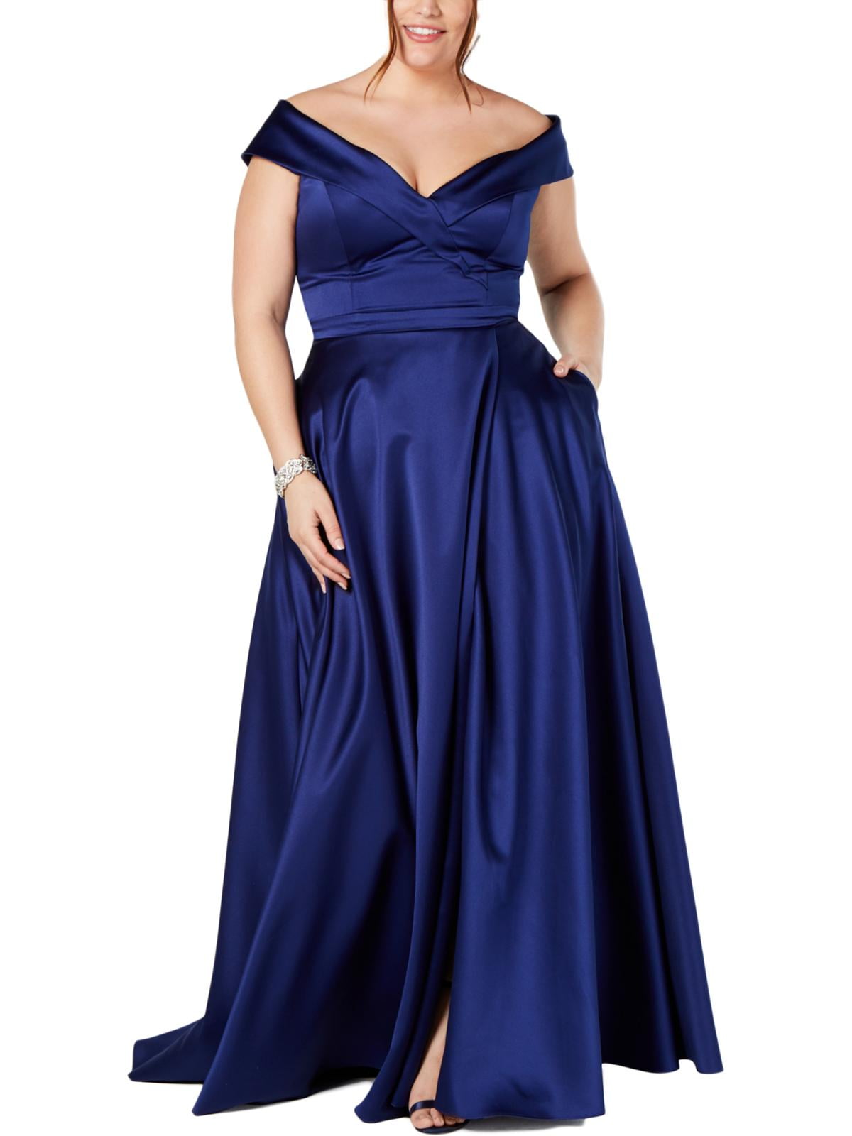 xscape off the shoulder satin gown