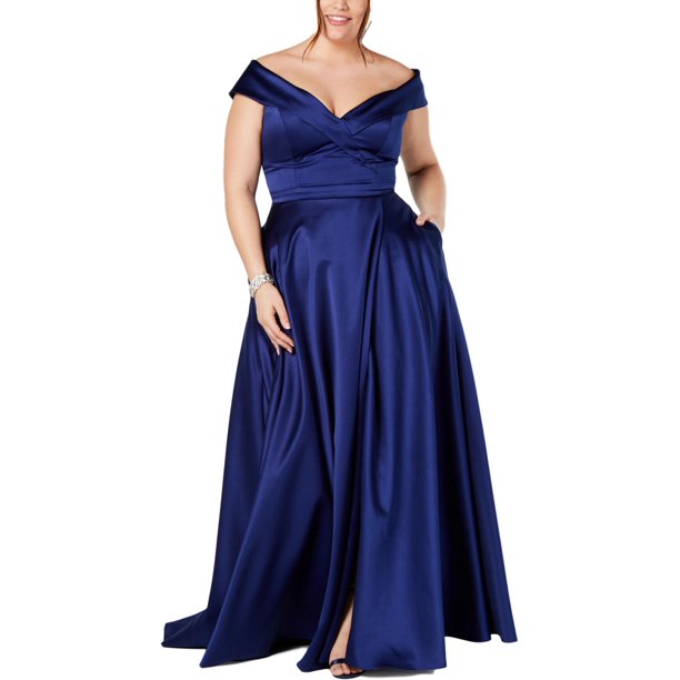 Xscape Xscape Womens Plus OffTheShoulder Satin Evening Dress Blue
