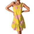 thumbnail image 3 of Women'S One Shoulder Leaf Print Self-Tie Short Dress Sleeveless Tiered Hem Formal Dress Yellow L, 3 of 9