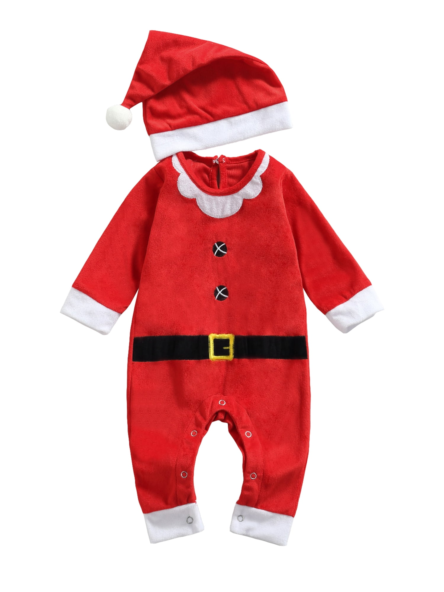 2Pcs Newborn Baby Girl Boy Christmas Costume Santa Claus Hat+Romper Warm Clothes 