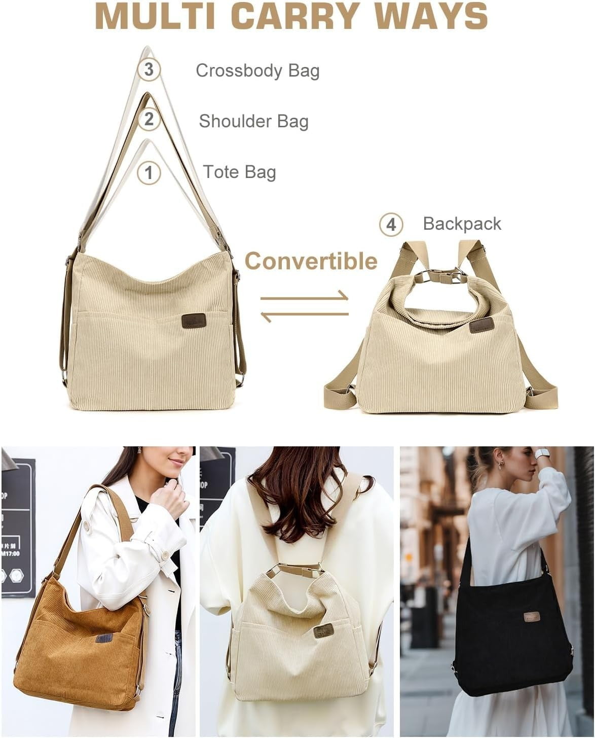 Kwuty Corduroy Tote Bag for Women Convertible Backpack Purse Crossbody Hobo Shoulder Bag with Multi Pockets Compartments