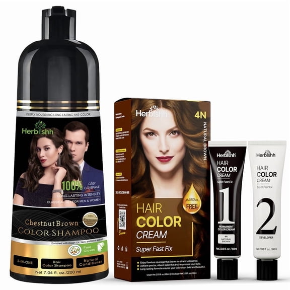 Herbishh Chestnut Brown Shampoo, Hair Dye Shampoo 3 in 1, 100% Grey Coverage, Demi-Permanent Hair Color for Men & Women, With Rapid Infusion Cream Combo