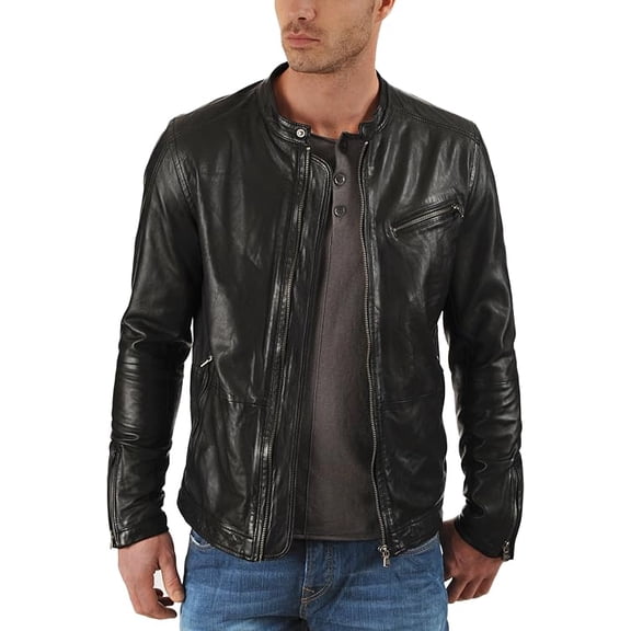 Men's Genuine Lambskin Leather Black Jacket Biker Soft Stylish Motorcycle Jacket A888