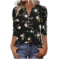 thumbnail image 2 of Pounoo Floral Print V Neck 3/4 Sleeve Blouses for Women Button Front Puff Sleeves Breathable Vacation Casual Outfits Shirts Gift, 2 of 6