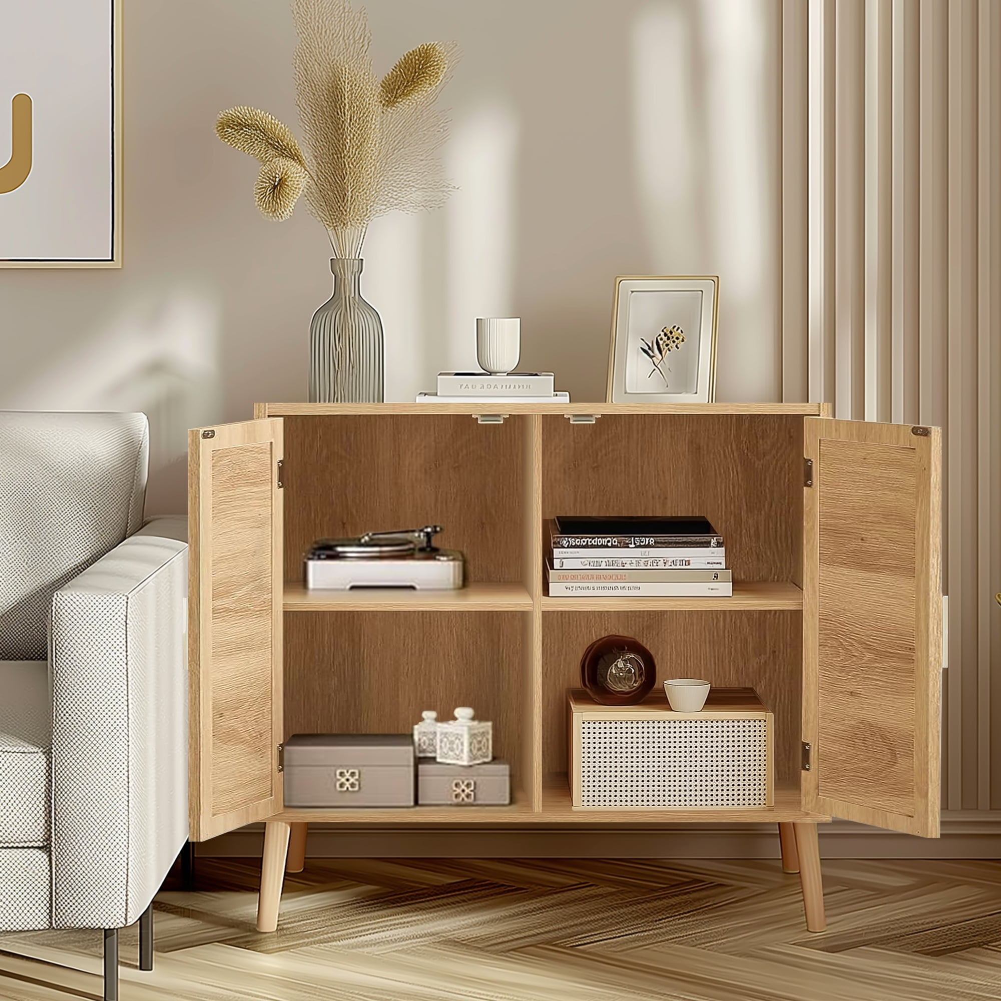 Natural Buffet Cabinet with 2 Doors and 4 Compartments – Solid Wood Feet Sideboard for Bathroom, Hallway, Entry, Living Room