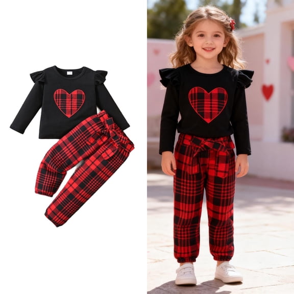 Valentines Outfit Girl Long Sleeve Plaid Ruffle Top and Pants Set Cute Baby Girl Outfit Baby Girl Outfit 5-6 Years