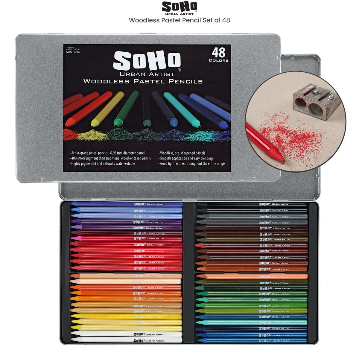 SoHo Urban Artist Woodless Pastel Pencils - Set of 48, Professional Artist-Grade, 40% More Pastel, Water-Soluble, Pre-Sharpened, Easy Blending, 6.93mm Barrel, Clear Lacquered