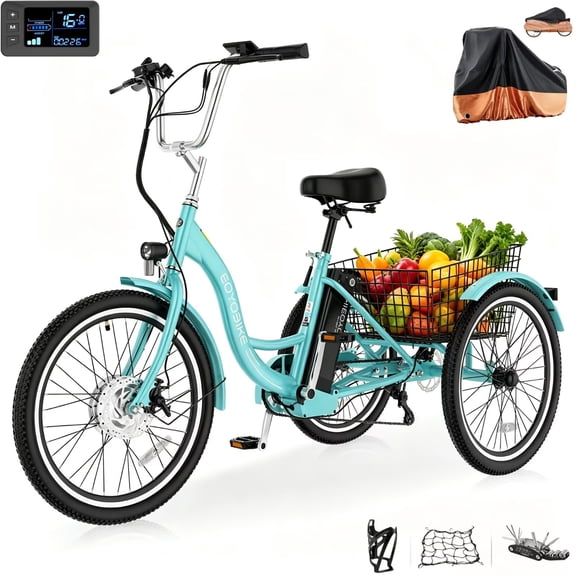 MOONCOOL 24"/26" Adult Electric Tricycle W/ Cover & Assembly Tools, Peak 700W 36V 10.4AH, 7 Speeds Step Through Electric Trike Motorized Three Wheel Electric Bikes w/ Large Basket for Women Men