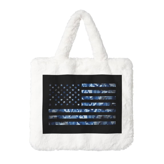 Rocae Navy Camouflage American Flag or Plush Underarm Bag White Furry Purse Handbag for Autumn and Winter