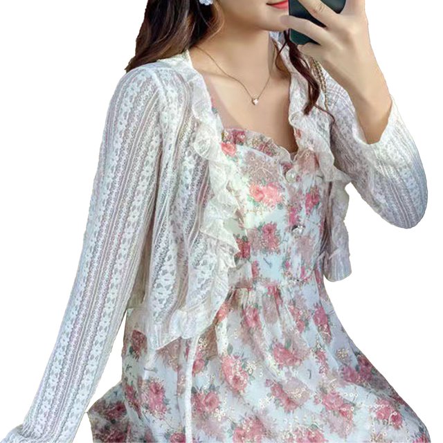 Lace Cover Up Top Recortada Vestido de Manga Larga Chal Transpirable Tie Frente Mujeres Ropa Protección Solar Blanco Un Tamaño (para 35? 57,5 KG)