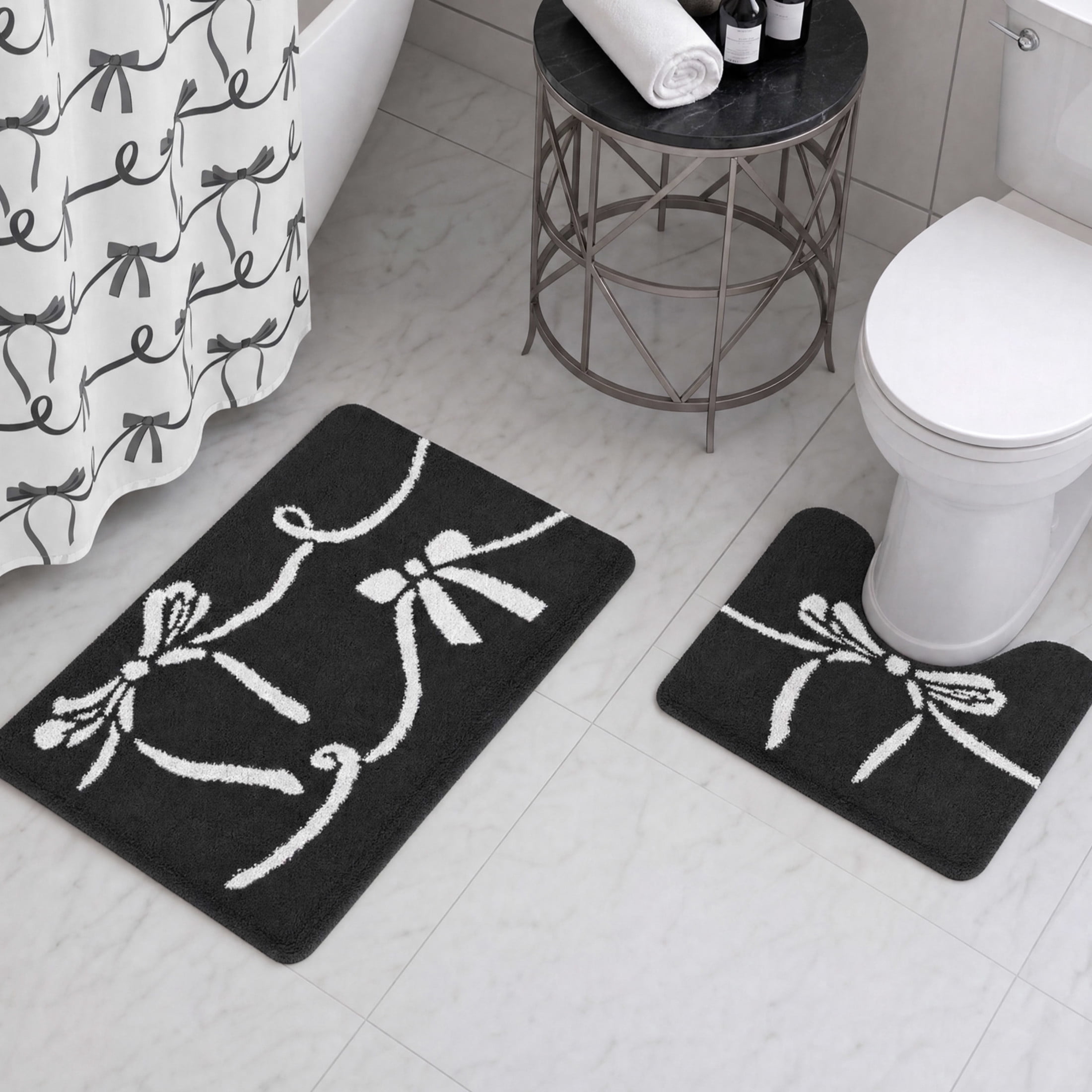 CHI Bows In A Stripe Shower Curtain with Hooks and Rugs Modern Washable 72" W x 72" L 15-Piece Set