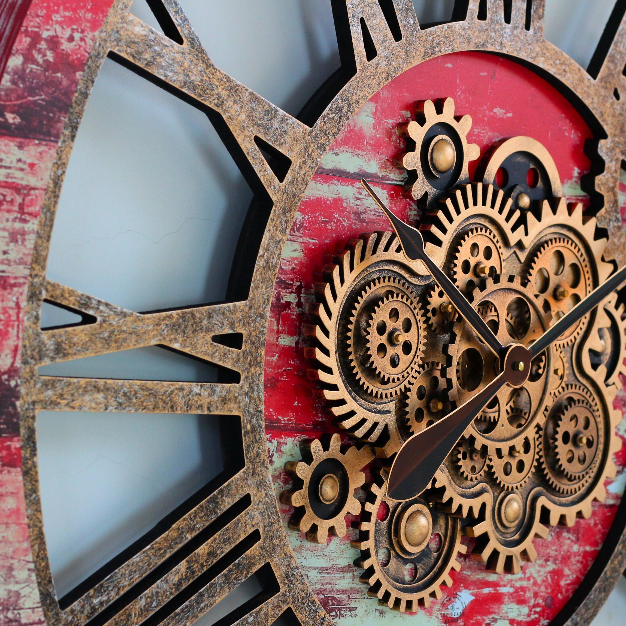 THE GEARS CLOCK Wall Clock with Real Moving Gears AM-LI_ 36 in Round Red-Lava