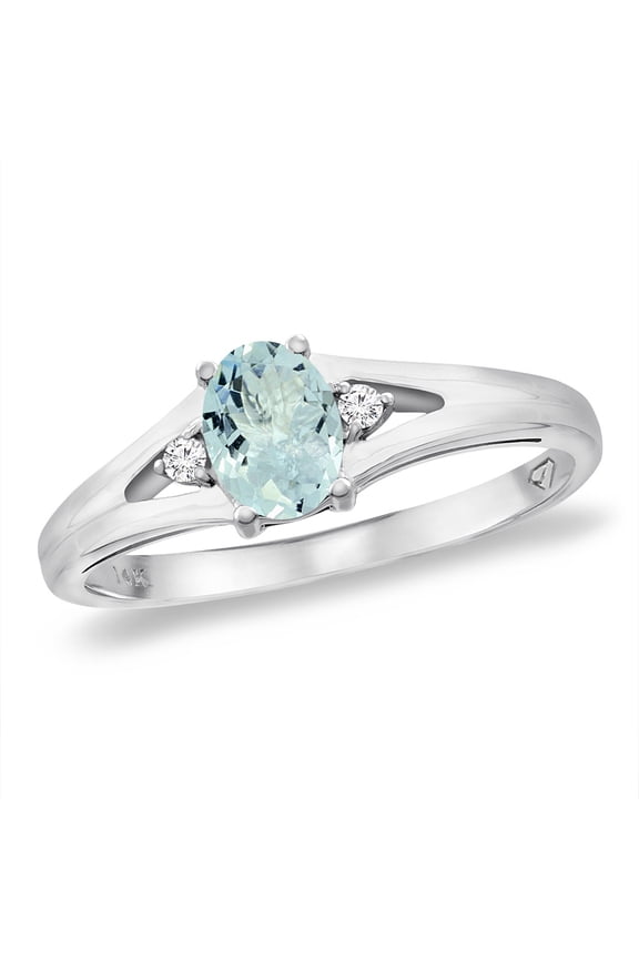 14K White Gold Diamond Natural Aquamarine Engagement Ring Oval 6x4 mm, size 7.5