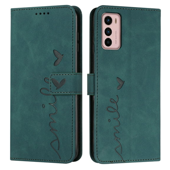 Nalacover for Motorola Moto G42 (4G) Flip Wallet Case,Luxury Love Heart Embossed PU Leather Shockproof Soft TPU Folio Kickstand Card Slots Phone Cover with Wrist Strap for Women Men,Green