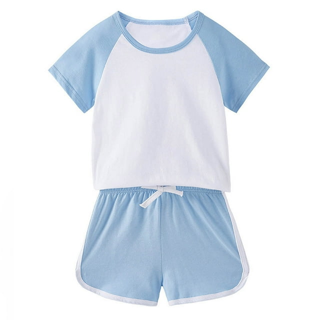 MKOSPLRT Workout Sets for Kid 12M-11Y Color Block Running Outfits Short Sleeve Raglan Shirts Drawstring Waist Track Shorts Sports Outfits