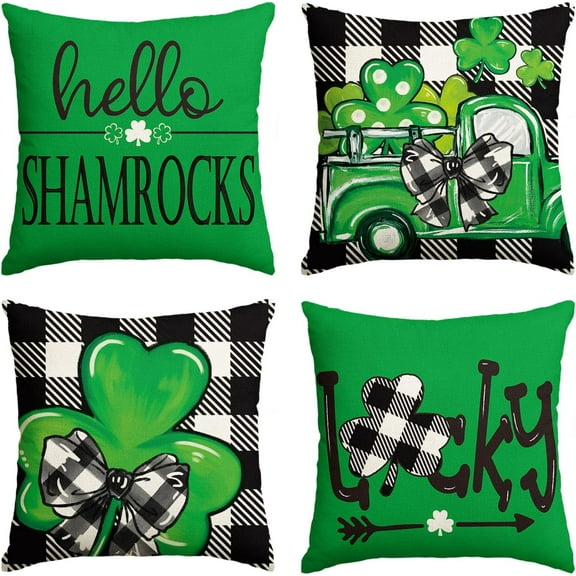 ST Patricks Day Buffalo Plaid Lucky Clover Truck Hello Shamrocks Throw Pillow Covers, 18 x 18 Inch Bow Tie Decoration for Sofa Couch Set of 4