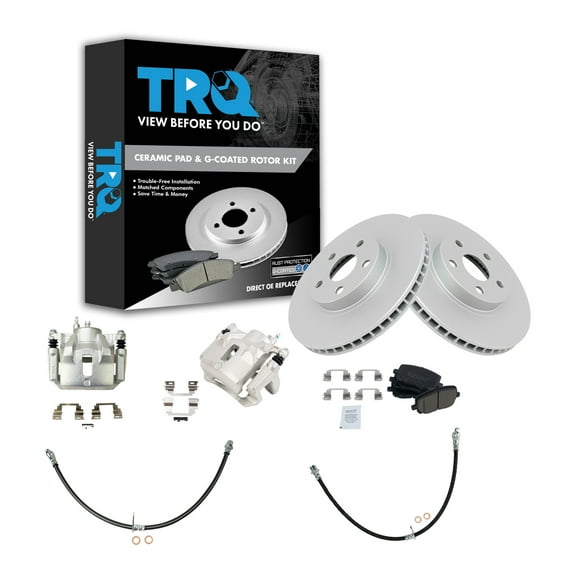 TRQ Front Brake Pad & Rotor Kit Brake Caliper Brake Hose Brake Pads Brake Rotor Ceramic Premium G-Coated Fits Select 2003-2008 Toyota Corolla