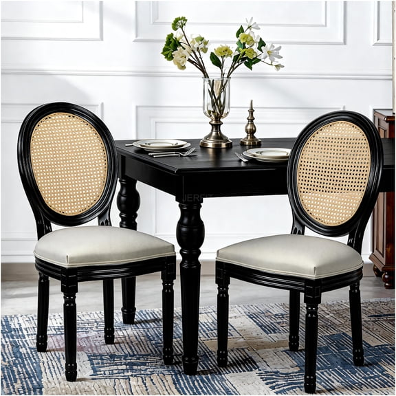 JERFIT French Country Dining Chairs Set of 2, Upholstered Kitchen Chairs with Rattan Back, Solid Wood Frame and Beige Fabric for Dining Room, Living Room, Cafe