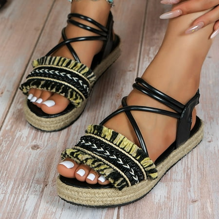 

XIAQUJ Ladies Shoes Linen Platform Sandals Comfortable Soft Fashionable Bohemian Beach Sandals Sandals for Women Black 8(40)