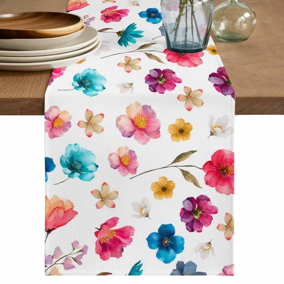 Colorful Flowers Table Runner 90 Inches, Spring Watercolor Floral Plant Bed Runner Dresser Scarves Tabletop for Indoor Outdoor Parties/Ceremony/Banquet, 13" x 90"