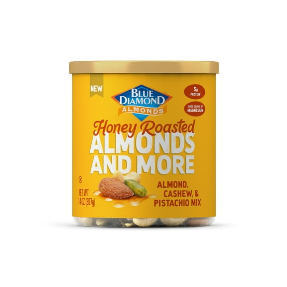 Blue Diamond Almonds, Mixed GGA1 Nuts Sweet Honey Roasted Deluxe Snack Nuts, Almonds, Pistachios, and Cashews, 14oz. Can (Pack of 1)