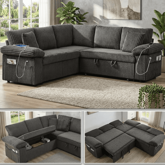 Xiweot Modular Sectional Sofa Bed, 81" Convertible Sectional Couch with Pull Out Couch Bed, Modern Corduroy 4 Seater Sleeper Sofa Couch for Living Room Bedroom (Dark Grey)