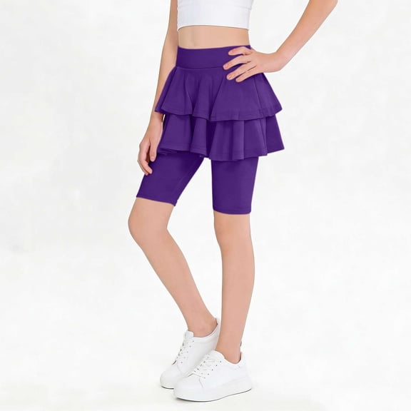 Hurxie Girls Leggings with Skirt Uniform Skirts for Girls Knee-Length Ruffle Skirt Pants for Kid Purple,7-8 Years