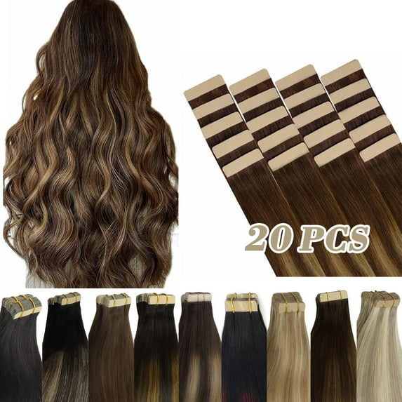 hotbanana Tape in Hair Extensions,100% Real Human hair Brown mix blonde,Remy Hair 16 inch,Silky Straight,Skin Weft Tape Hair 20pcs 50g