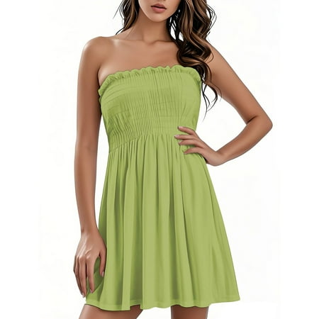 OAMDNDEA Womens Summer Dresses Boho Vacation Beach Cover Ups Sleeveless Strapless Sundresses Trendy Sexy Short Dress Beach Vacation Clothes Light Green M