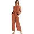thumbnail image 3 of Women'S Casual Sleeveless Pleated Round Neck Vest Wide Leg Cropped Pants Set Orange red XXL, 3 of 6