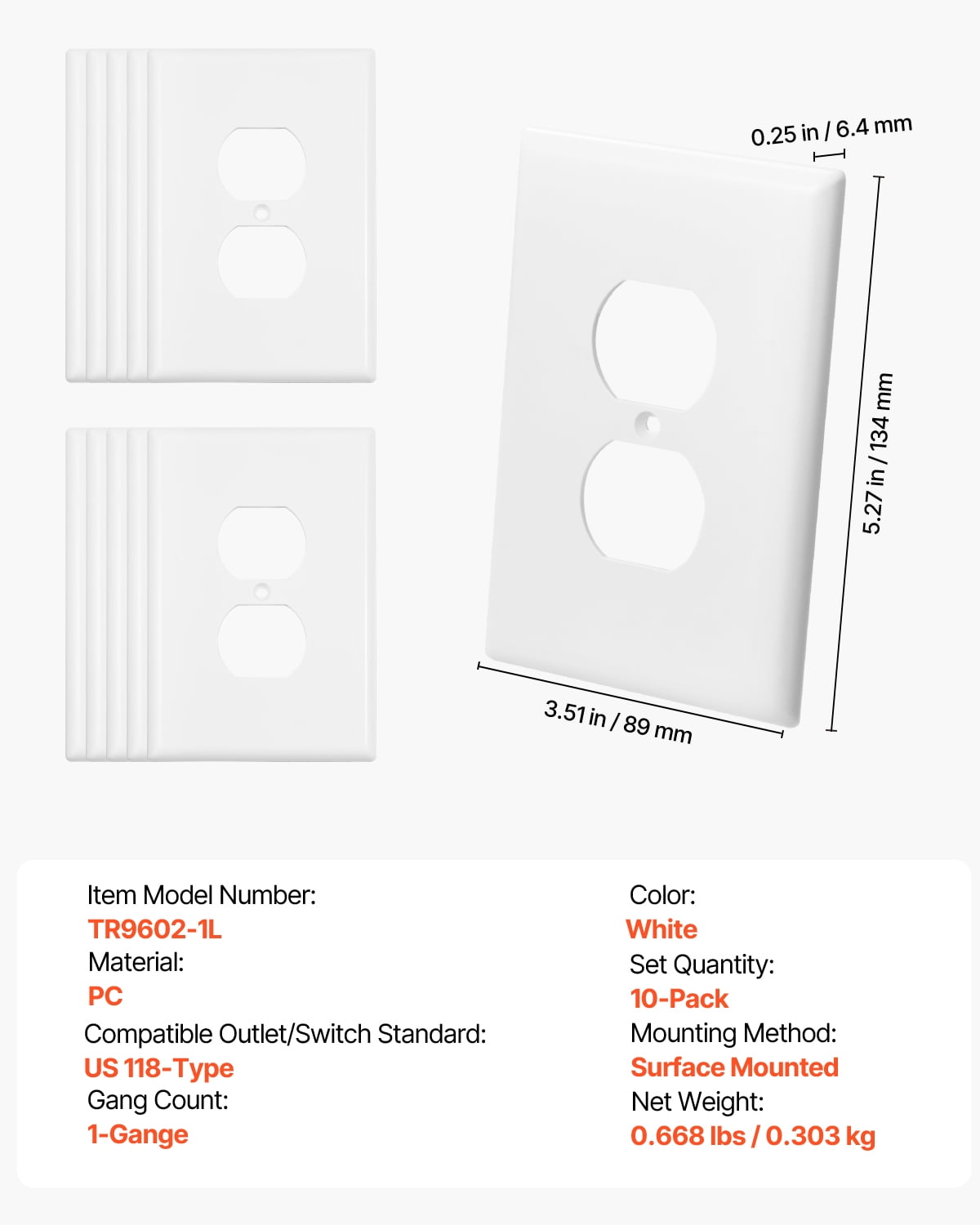 VEVOR 1-Gang Duplex Outlet Covers, 10 Pack Standard Size Wall Outlet Cover, Unbreakable and Impact-Resistant Polycarbonate Thermoplastic, Dual Receptacle Faceplate, for Electrical Outlets, White