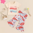 thumbnail image 2 of Okbabeha Kids Toddler Girls 4th of July Outfit,Short Sleeve Letter Tee Shirt+Stars Stripes Flare Pants Bell Bottom Outfits, 2 of 7