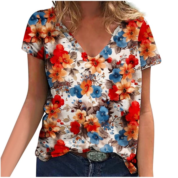 Camisetas con estampado floral con cuello en V para mujer Blusas femeninas cómodas a la moda Tops OAVQHLG3B Store lin121212