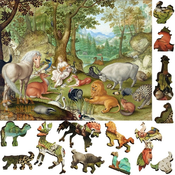 Wooden Jigsaw Puzzles for Adults with Uniquely Shaped Pieces - made in USA by FoxSmartBox - 390 Pieces - Orpheus charming the animals
