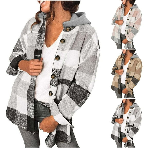 Lovskoo Women's Plaid Shacket Jacket Flannel Long Sleeve Hooded Shirts Blouse Pockets Button Coat Pink