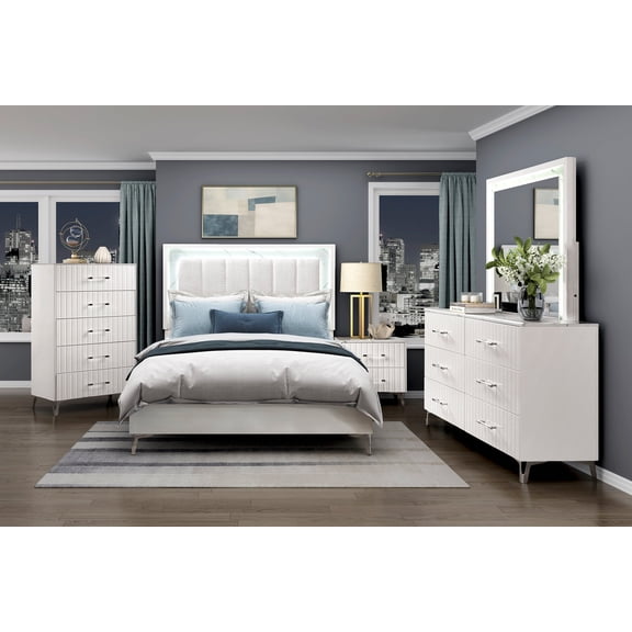 Glamorous White 5-Piece Bedroom Furniture White Queen LED Bed Nightstand Dresser Mirror Chest