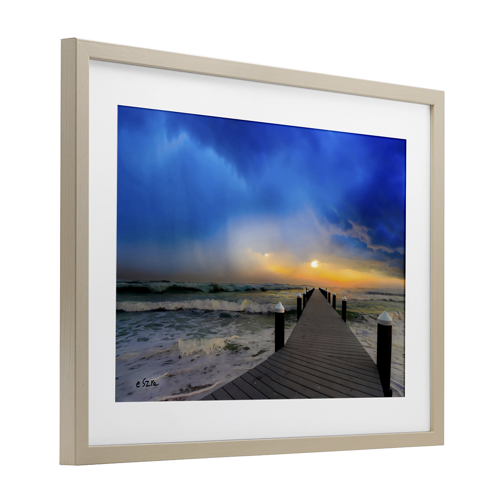 Stupell Industries Sun Breaking Over Sea Pier Birch Framed Print Under Glass, design by Eszra Tanner